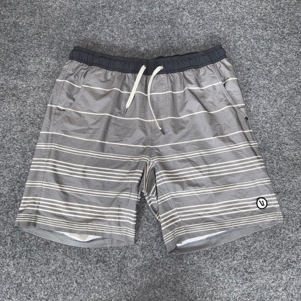 Vuori Mens Grey Striped Board Shorts Size L Performance Stretch Swim Trunks